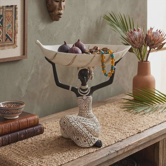 Afrikaanse Tribale Vrouw Beeld met Blad Schaal - Decoratieve Opberger