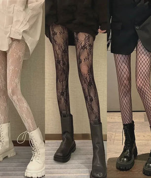 Luxe Lolita Pantyhose met Bloemig Kant en Mesh - Retro Stijl