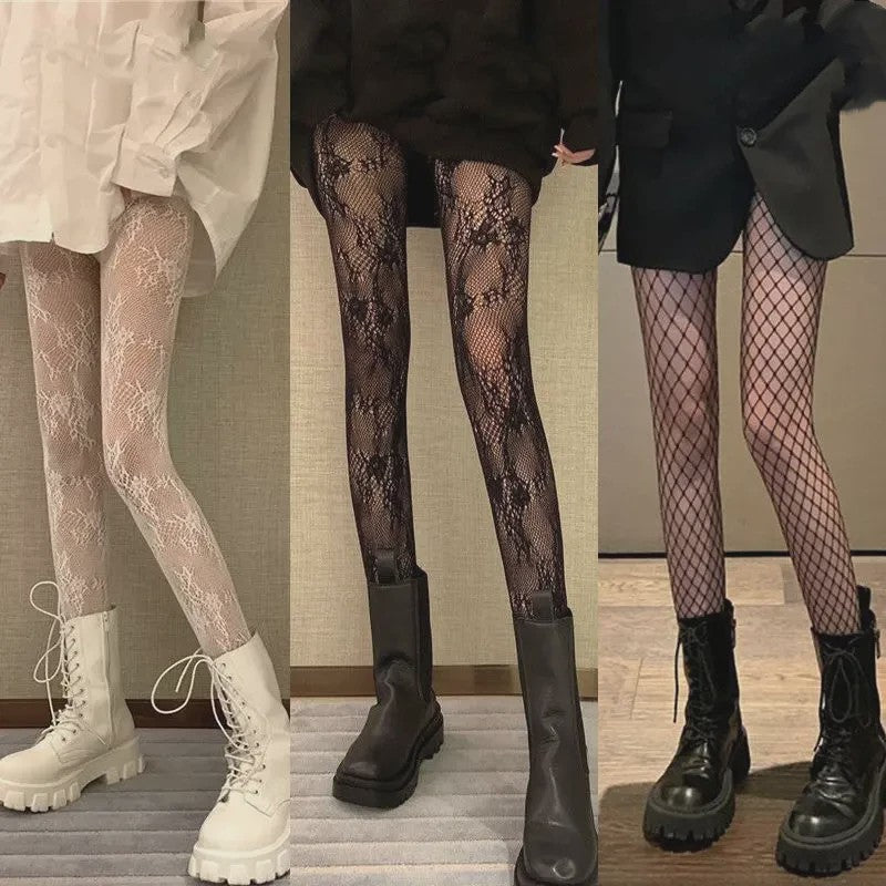 Luxe Lolita Pantyhose met Bloemig Kant en Mesh - Retro Stijl