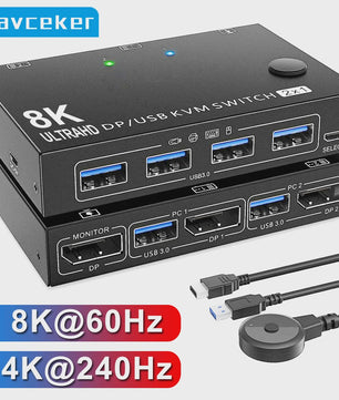 Navceker 2-Poorts DisplayPort KVM Switch: 8K 60Hz, 4K 240Hz, USB 3.0 - Deel 1 Monitor & 4 Apparaten