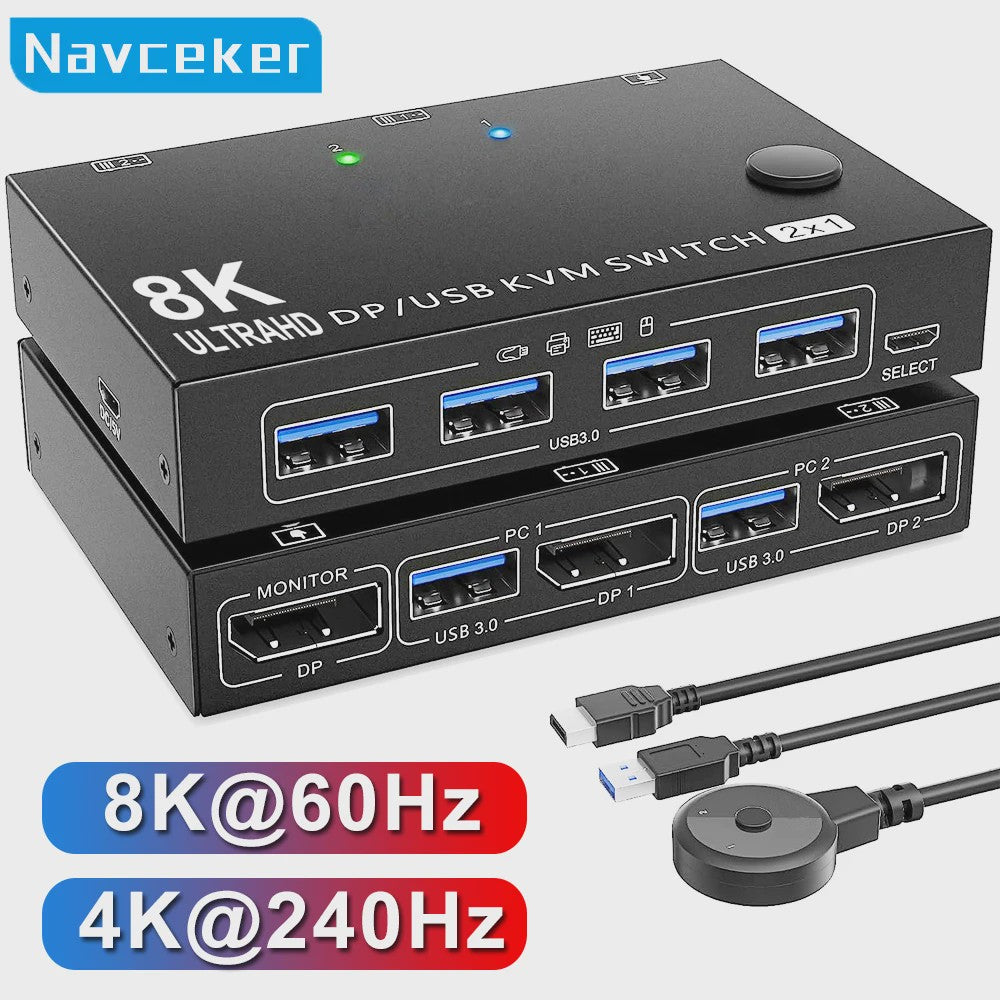 Navceker 2-Poorts DisplayPort KVM Switch: 8K 60Hz, 4K 240Hz, USB 3.0 - Deel 1 Monitor & 4 Apparaten