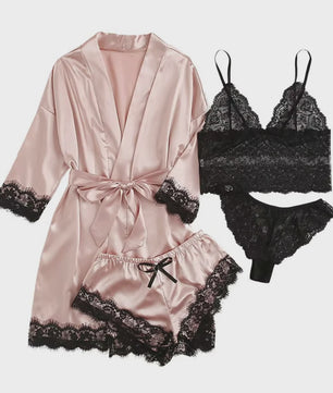 Luxe 4-delige Satin Pyjamaset met Kant - Comfortabel & Sexy