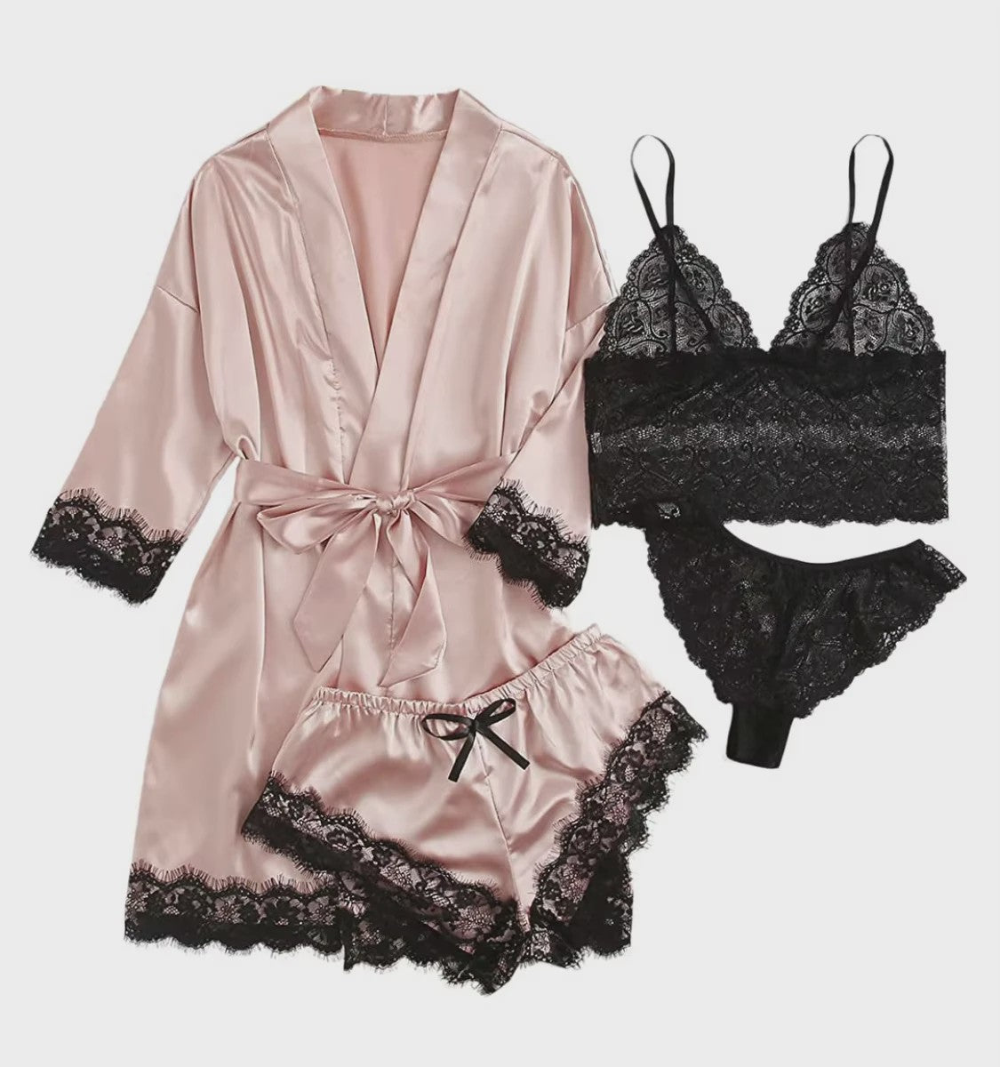 Luxe 4-delige Satin Pyjamaset met Kant - Comfortabel & Sexy