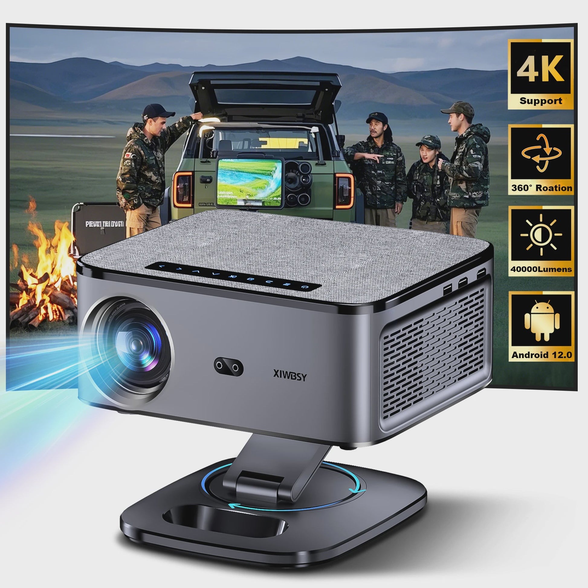 XIWBSY 2026 4K Smart Projector: 40000 Lumens, WiFi6, Bluetooth 5.3, Autofocus & Outdoor Home Theater