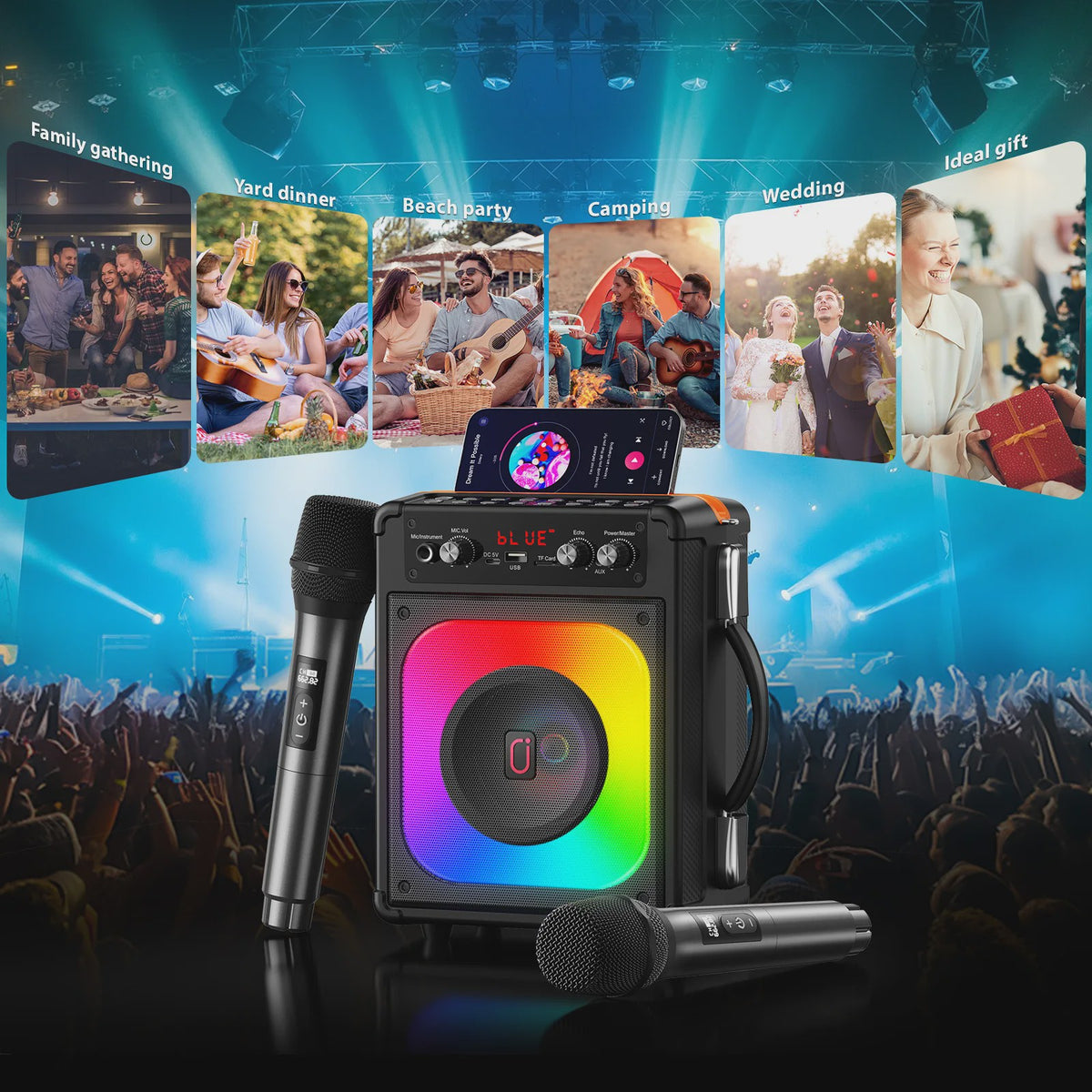 FanFun TX06 Karaoke Speaker met 2 Draadloze Microfoons & Feestverlichting