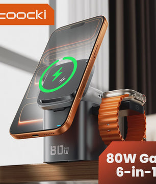 Toocki 80W GaN 6-in-1 Oplaadstation: MagSafe, 65W PD & Intrekbare Kabel