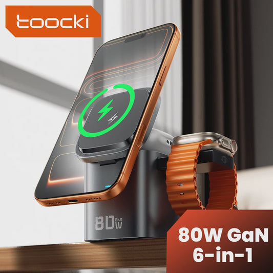 Toocki 80W GaN 6-in-1 Oplaadstation: MagSafe, 65W PD & Intrekbare Kabel