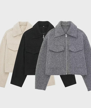 Chique Grijze Dames Jas met Rits en Zakken - Vintage Stijl