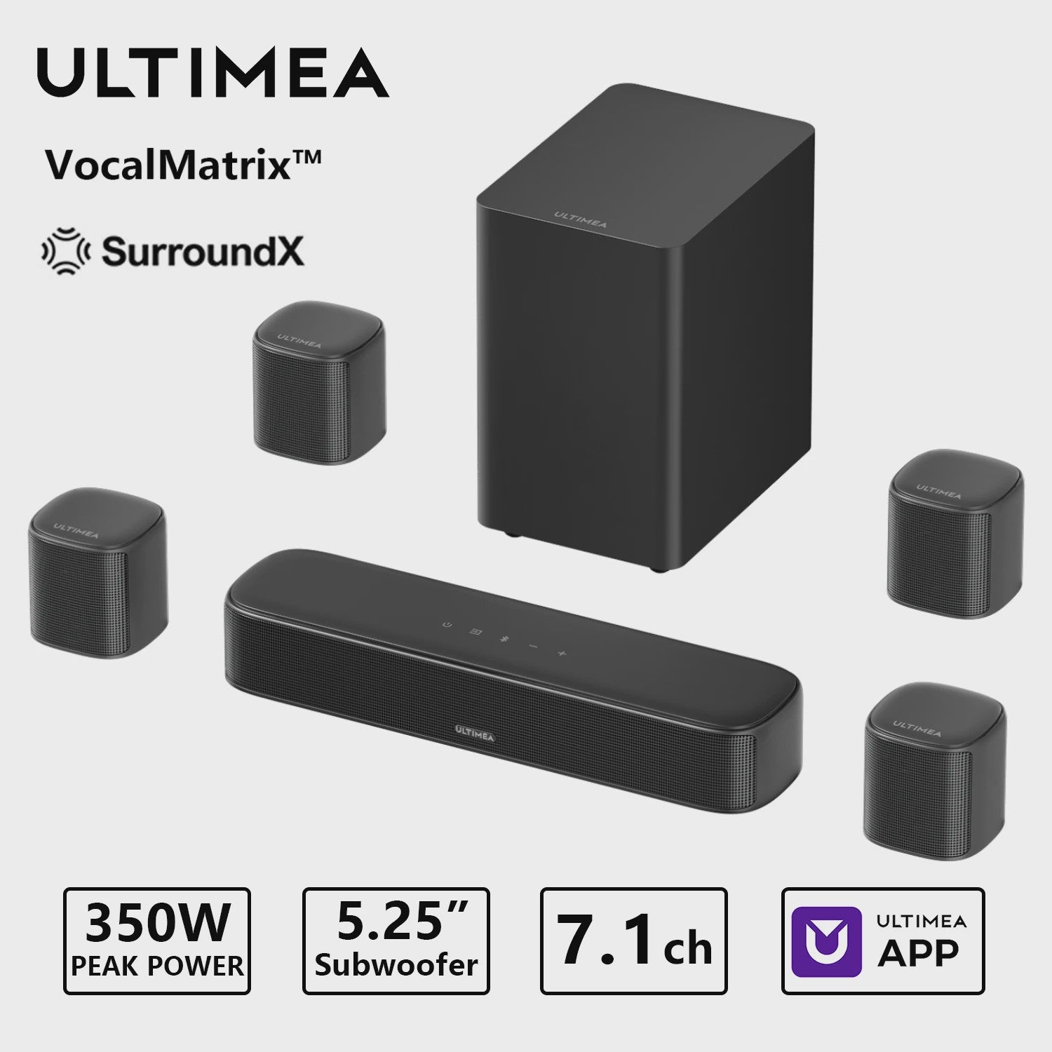 ULTIMEA 350W 7.1 Virtuele Surround Soundbar met Subwoofer & 4 Speakers