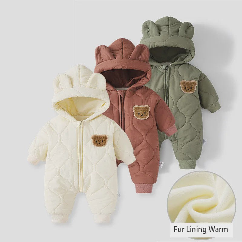 Warme Winter Baby Romper met Berenprint en Pluche Voering - Jumpsuit voor Peuters
