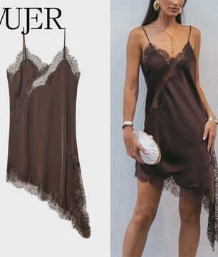Zijden Mini Slipjurk met Kant - Zomerjurk met Asymmetrische Zoom