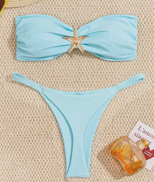 Bandeau Bikini Set met Sterrenornament - Sky Blue Push-Up Thong Badpak