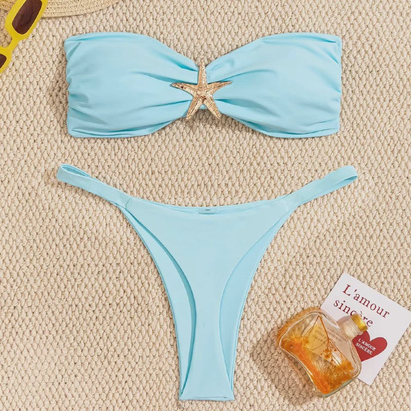 Bandeau Bikini Set met Sterrenornament - Sky Blue Push-Up Thong Badpak