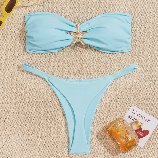 Bandeau Bikini Set met Sterrenornament - Sky Blue Push-Up Thong Badpak