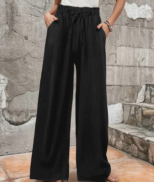 Dames Wijde Pijp Broek met Hoge Taille en Trekkoord - Comfortabel & Stijlvol
