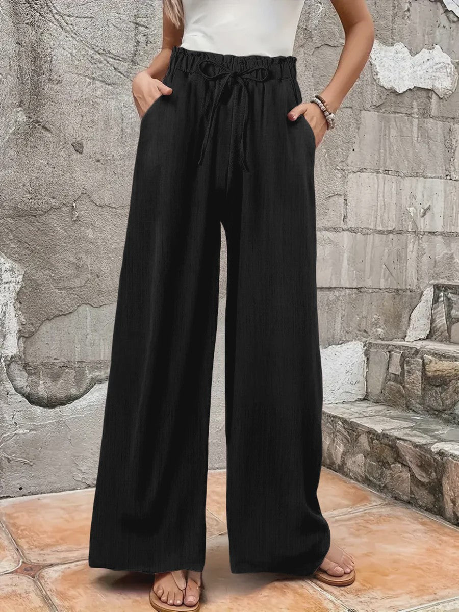 Dames Wijde Pijp Broek met Hoge Taille en Trekkoord - Comfortabel & Stijlvol