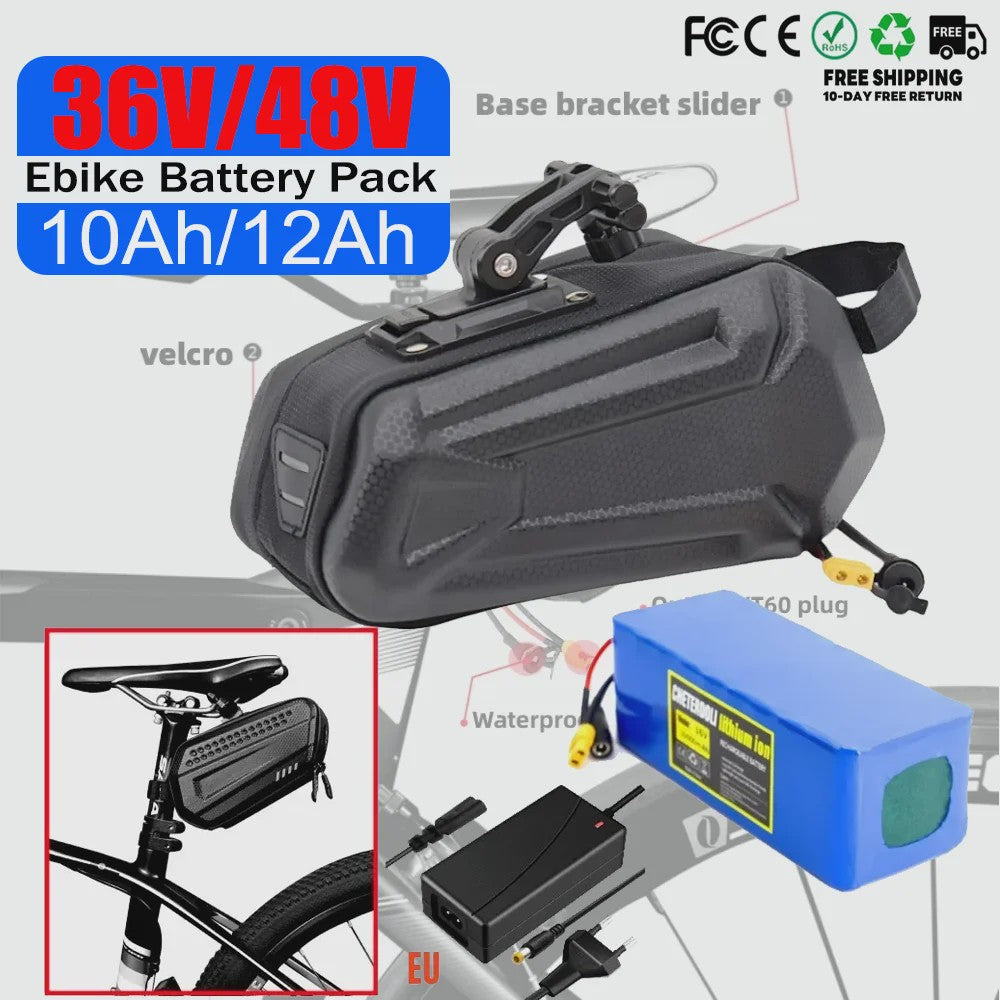 Waterproof E-bike Batterij Pack 36V/48V 10Ah/12Ah Li-ion met 2A Snellader