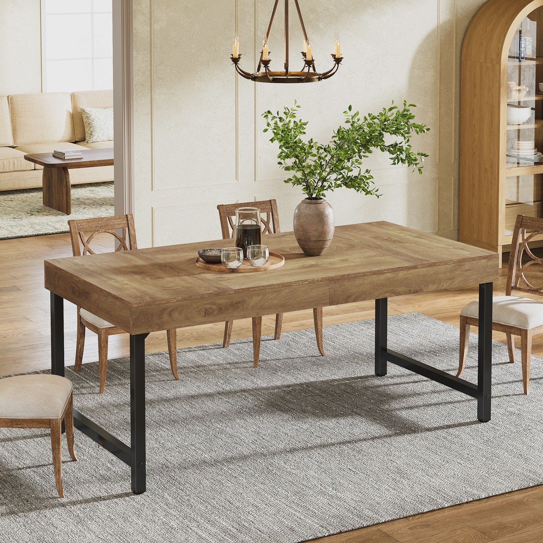 Industriële Eettafel voor 4-6 Personen - 140 cm Houtlook met Zwart Metaal