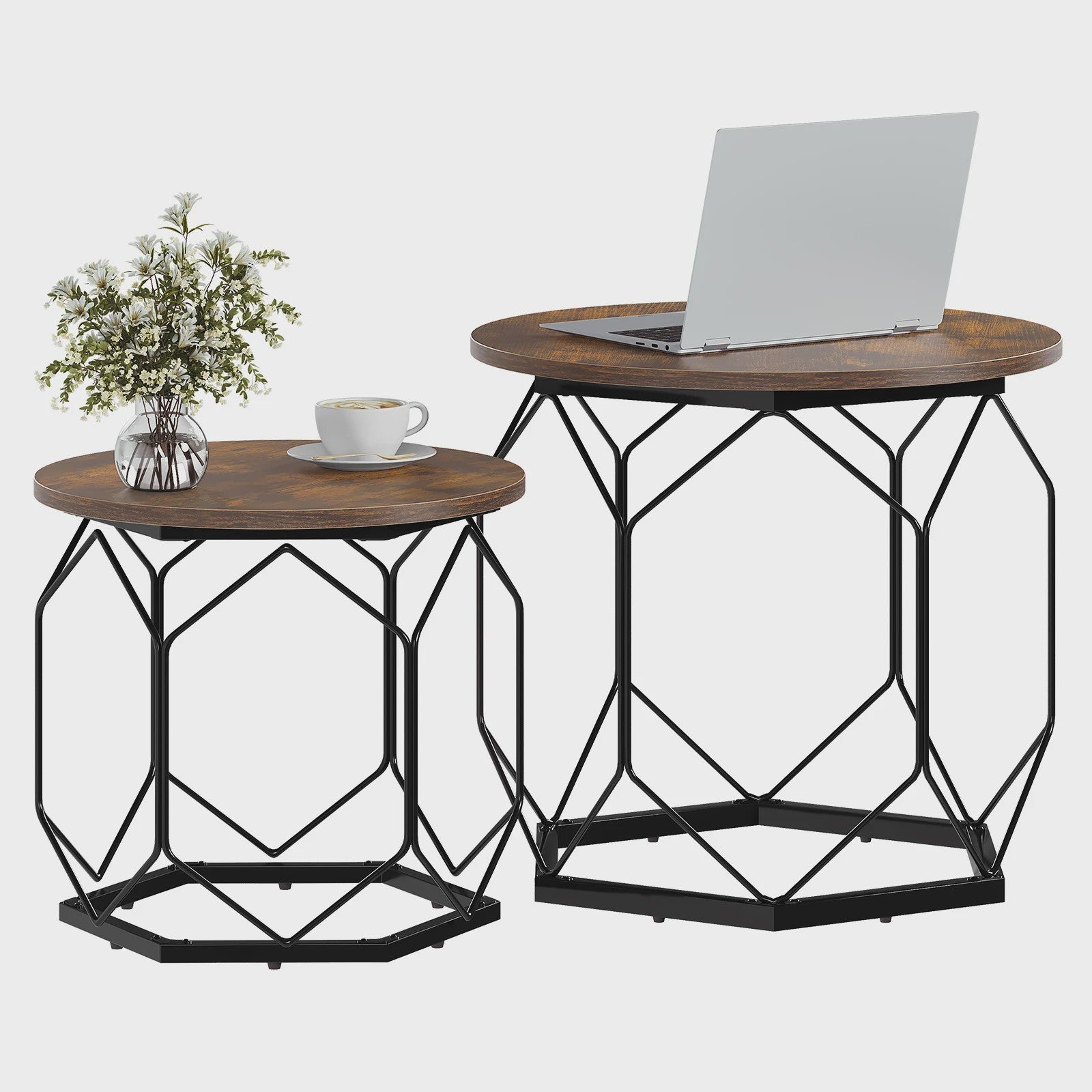 Set van 2 Ronde Bijzettafels met Opbergruimte en Metalen Frame - SediaXL