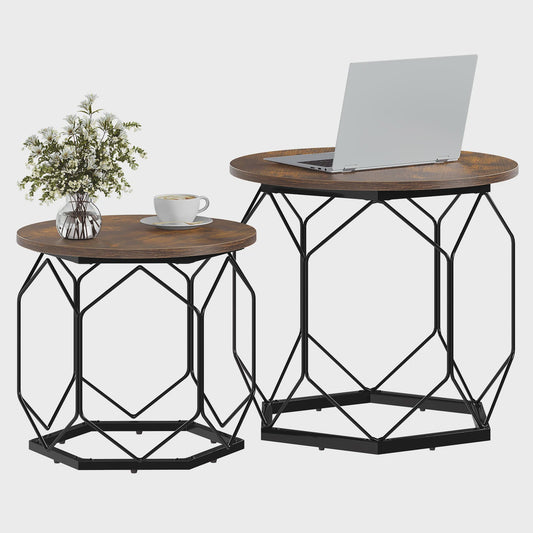 Set van 2 Ronde Bijzettafels met Opbergruimte en Metalen Frame - SediaXL