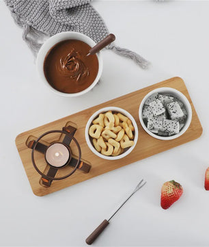 Mini Chocolade Fondue Set met Houten Dienblad en Vorkjes - Perfect voor Feestjes
