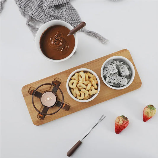 Mini Chocolade Fondue Set met Houten Dienblad en Vorkjes - Perfect voor Feestjes