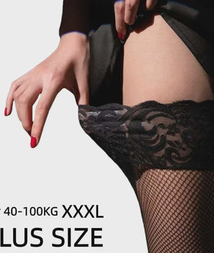 Zwarte Visnet Kousen met Kanten Boord - Dijhoog & Over de Knie - Plus Size XXXXL - Anti-slip Siliconen