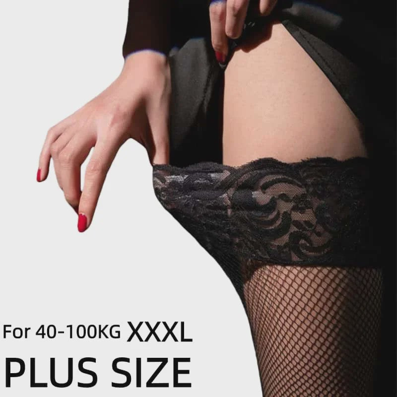Zwarte Visnet Kousen met Kanten Boord - Dijhoog & Over de Knie - Plus Size XXXXL - Anti-slip Siliconen