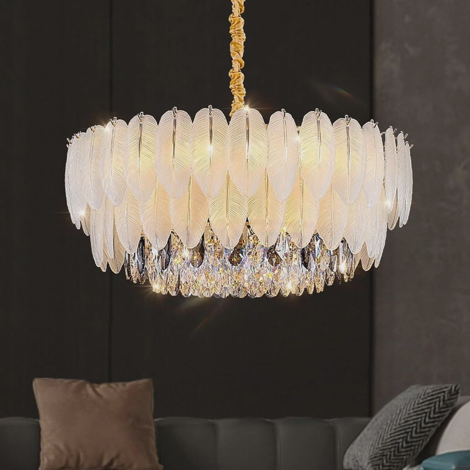 Luxe Pluimen & Kristal Plafondlamp - Sfeervolle Hanglamp voor Woonkamer & Slaapkamer