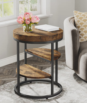 Industriële Ronde Bijzettafel met 3 Opbergplanken - Perfect voor Kleine Ruimtes