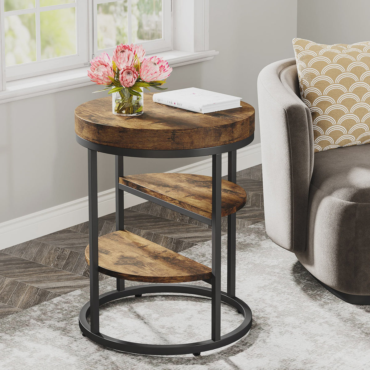 Industriële Ronde Bijzettafel met 3 Opbergplanken - Perfect voor Kleine Ruimtes