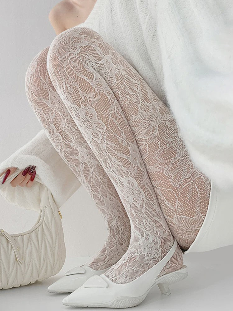 Dames Panty met Bloemenpatroon en Hoge Taille - Sexy Witte Visnet Mesh Sokken voor de Zomer