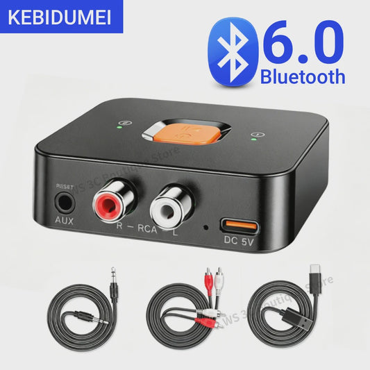 Bluetooth 6.0 Audio Ontvanger met Microfoon - Draadloze AUX & RCA Adapter voor Auto, Speaker & Versterker