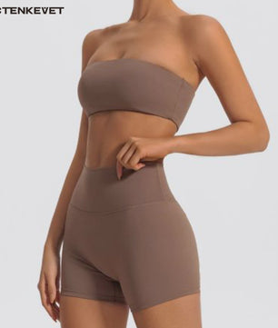 Strapless Sportset Dames: 2-delige Yoga Outfit met Crop Top en Shorts