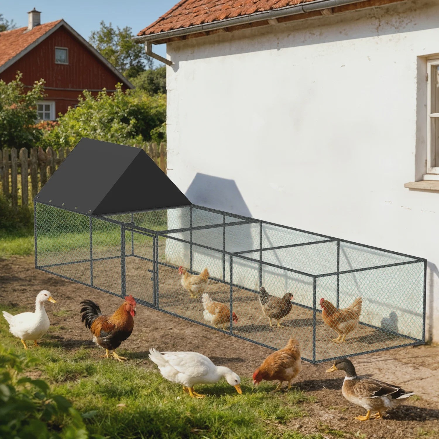 Ruime Metalen Kippenren 319cm - Walk-in Kippenhok met Dak en Nylon Netting