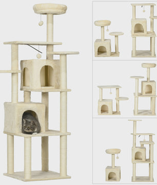 PawHut Luxe Kattenboom met Krabpalen, 6 Plateaus en 2 Knusse Niche Huizen - Beige
