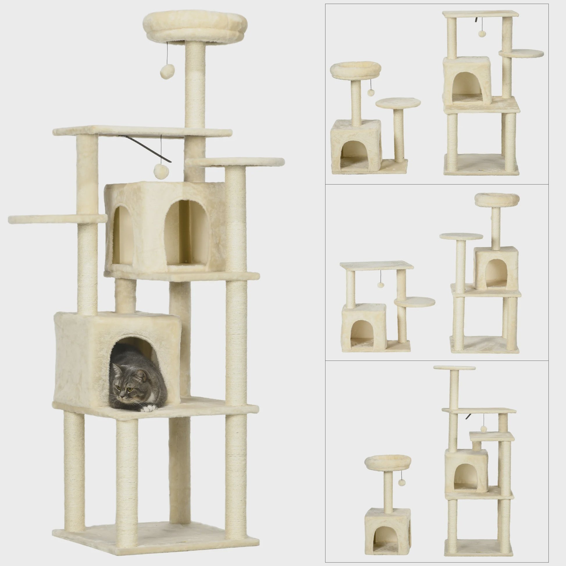 PawHut Luxe Kattenboom met Krabpalen, 6 Plateaus en 2 Knusse Niche Huizen - Beige