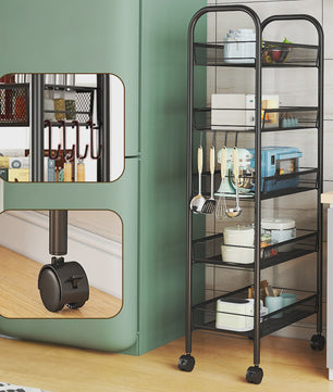 5-Laags Keuken Trolley met Wielen - Carbon Staal Opbergrek met Haken