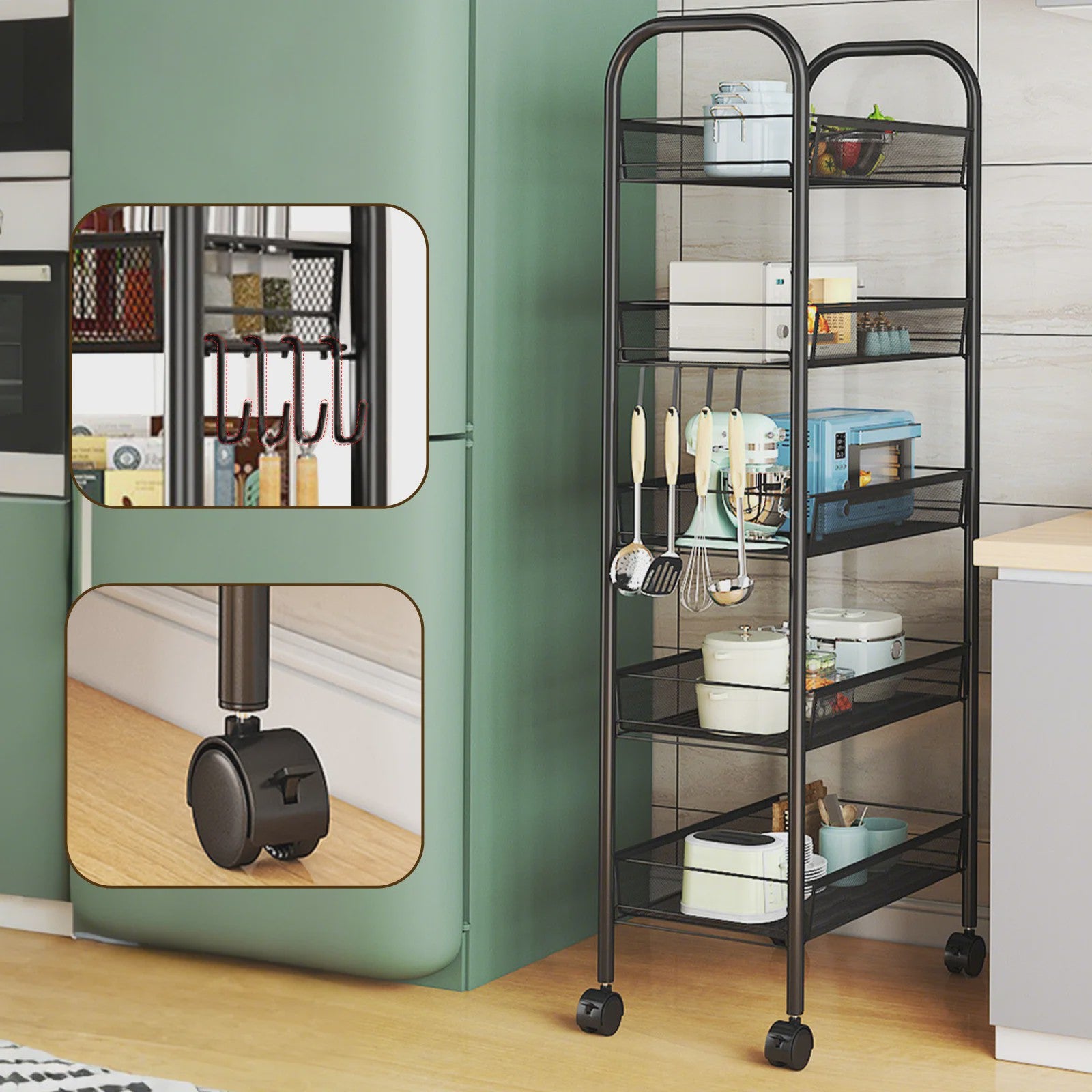 5-Laags Keuken Trolley met Wielen - Carbon Staal Opbergrek met Haken