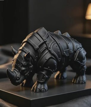 3D Geprinte Gepantserde Neushoorn Figuur - Middeleeuwse Rivet Punk Sculptuur