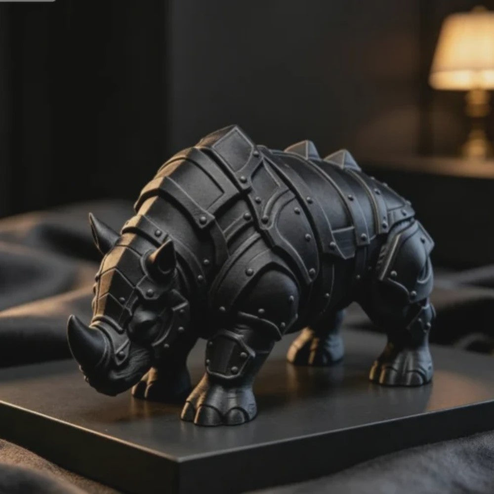 3D Geprinte Gepantserde Neushoorn Figuur - Middeleeuwse Rivet Punk Sculptuur
