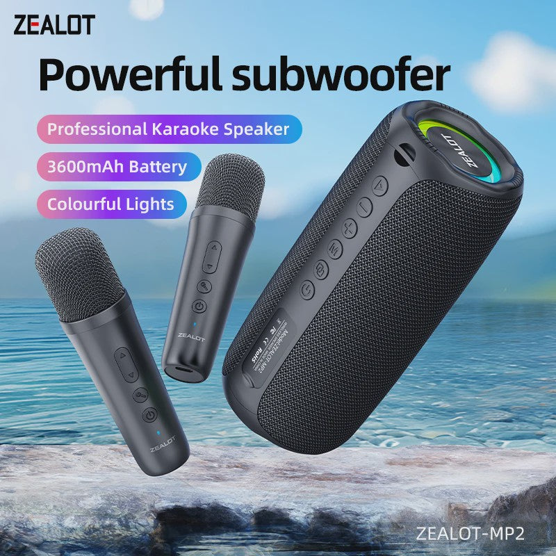 Zealot MP2 Draagbare Karaoke Bluetooth Speaker met 2 Draadloze Microfoons - 10u Speeltijd, IPX5 Waterdicht