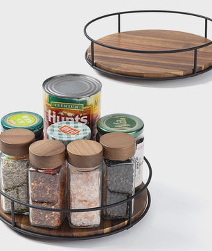 Draaibare Acacia Houten Serveerschaal met Metalen Rand - Keuken Organizer