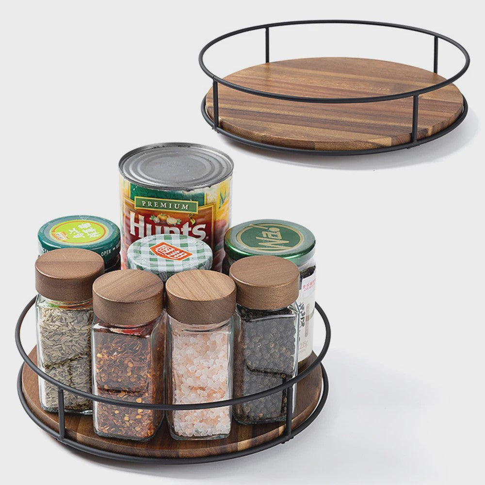 Draaibare Acacia Houten Serveerschaal met Metalen Rand - Keuken Organizer