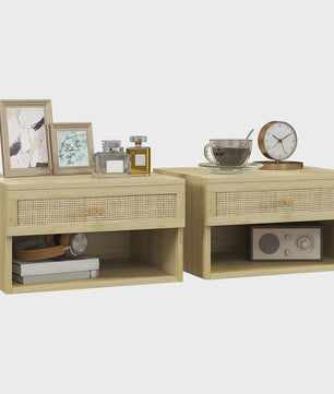 Set van 2 Nachtkastjes Zwevend Hout met Rotan Front en Lade