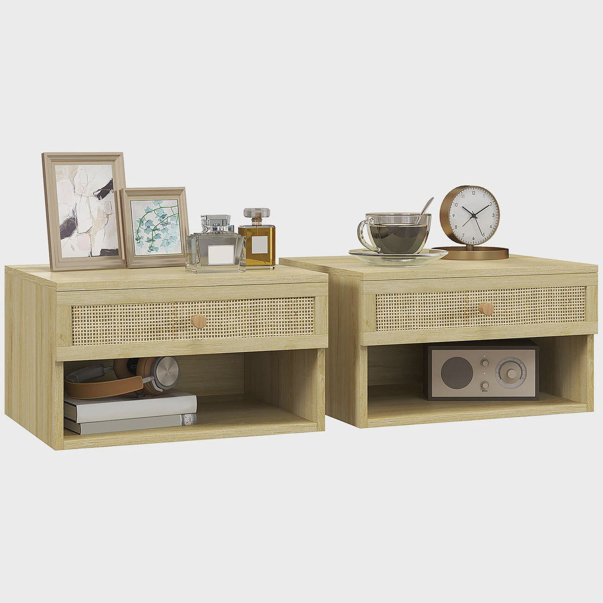 Set van 2 Nachtkastjes Zwevend Hout met Rotan Front en Lade