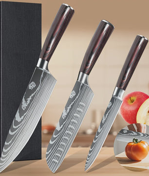 3-delige Keukenmes Set - Damascus Patroon - Hoog Koolstof RVS