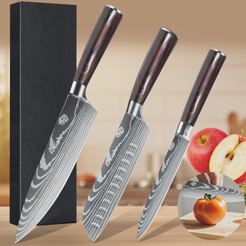 3-delige Keukenmes Set - Damascus Patroon - Hoog Koolstof RVS