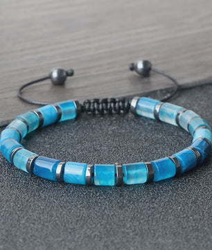 Blauwe Cilindervormige Agate Armband - Gevlochten Natuursteen Bangle voor Dames en Heren