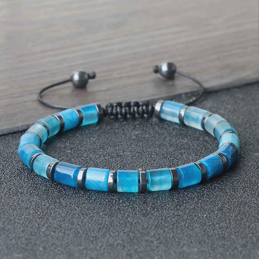 Blauwe Cilindervormige Agate Armband - Gevlochten Natuursteen Bangle voor Dames en Heren
